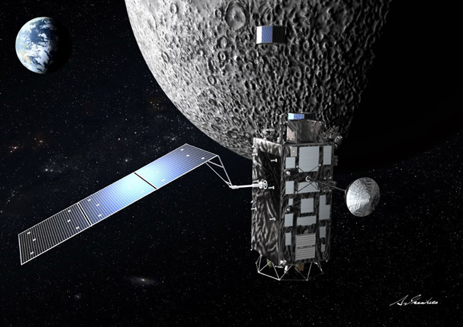 Кагуйа выпускает из себя спутник на лунной орбите — видение художника. JAXA/Akihiro Ikeshita